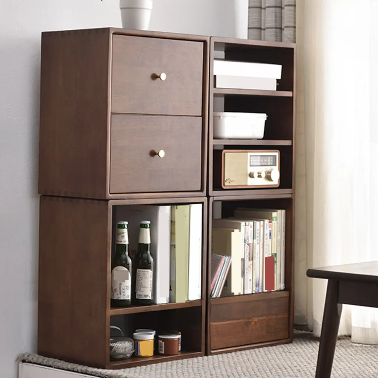 Narrow Modern Wood Brown Vertical Bookcase with Drawers Image - 5 | homeyfad