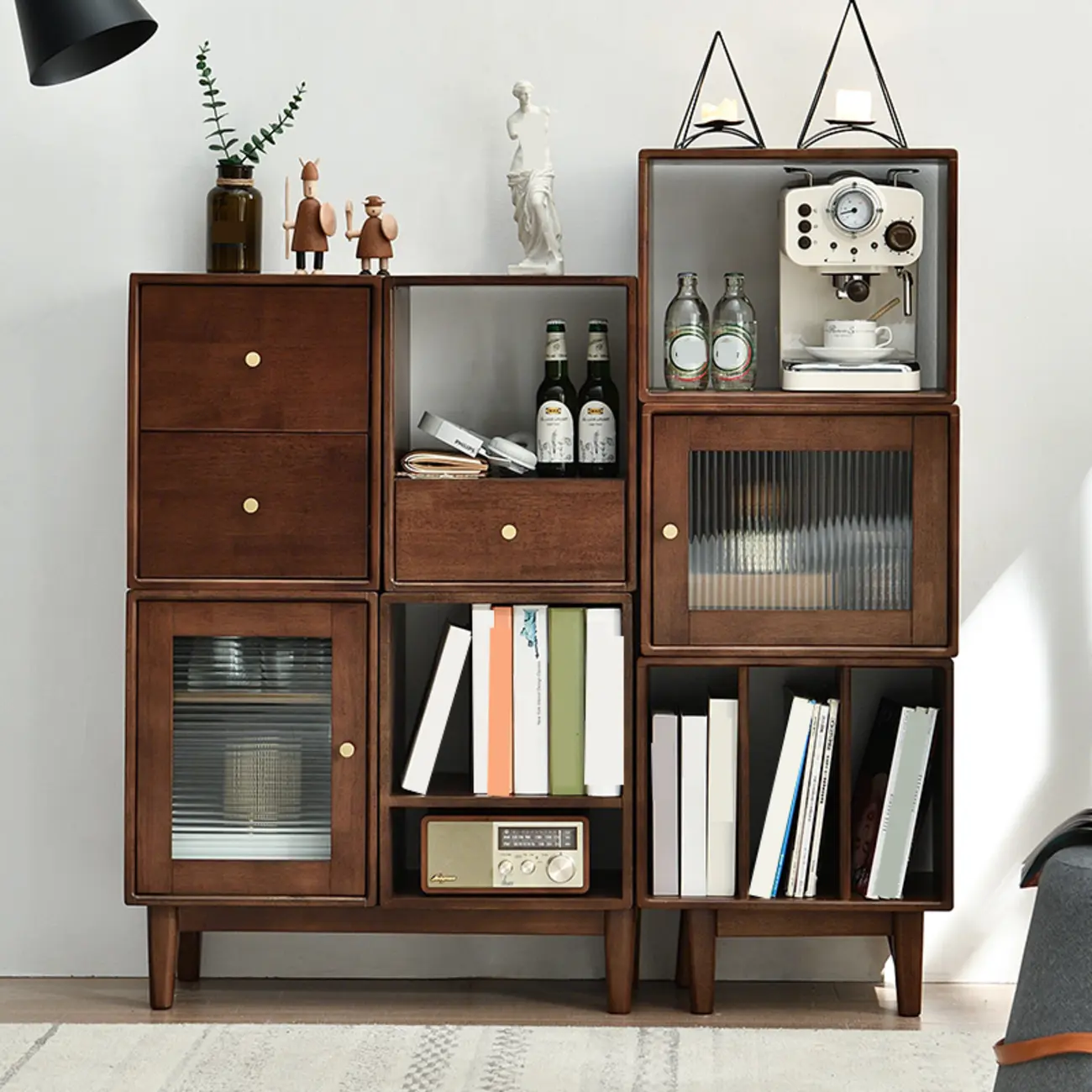 Narrow Modern Wood Brown Vertical Bookcase with Drawers Image - 2 | homeyfad