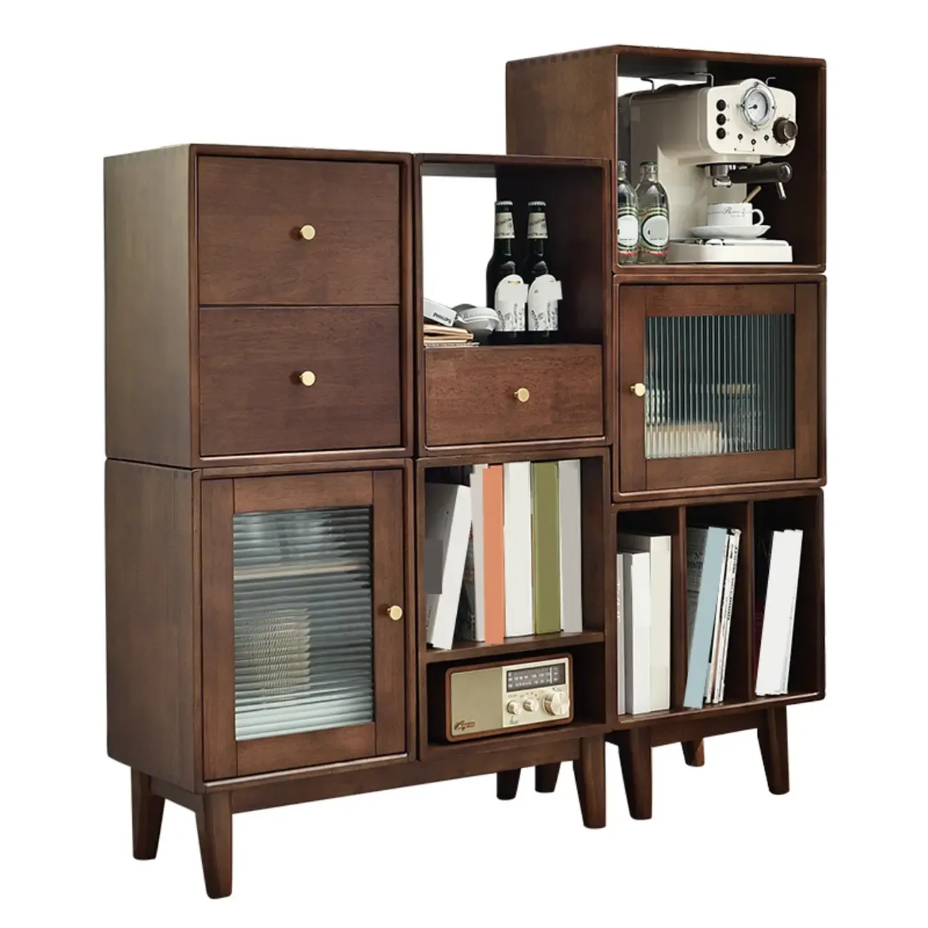 Narrow Modern Wood Brown Vertical Bookcase with Drawers Image - 6