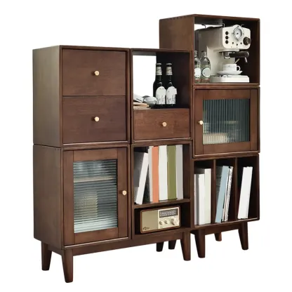 Narrow Modern Wood Brown Vertical Bookcase with Drawers Image - 6