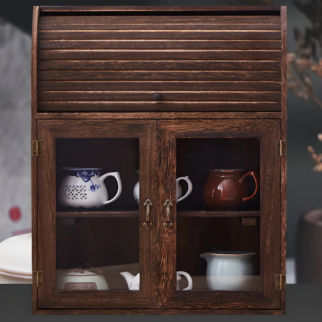 Traditional Wood Glass Door Kitchen Storage Cabinet Image - 1 | homeyfad