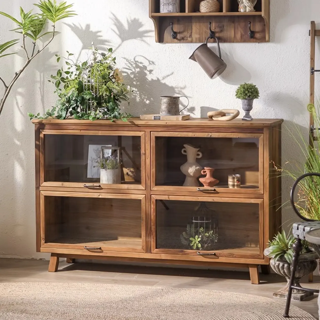 Rustic Brown Minimalist Wooden Ground China Cabinet with Multiple Cabinets and Shelves, Glass Doors Image - 1 | homeyfad