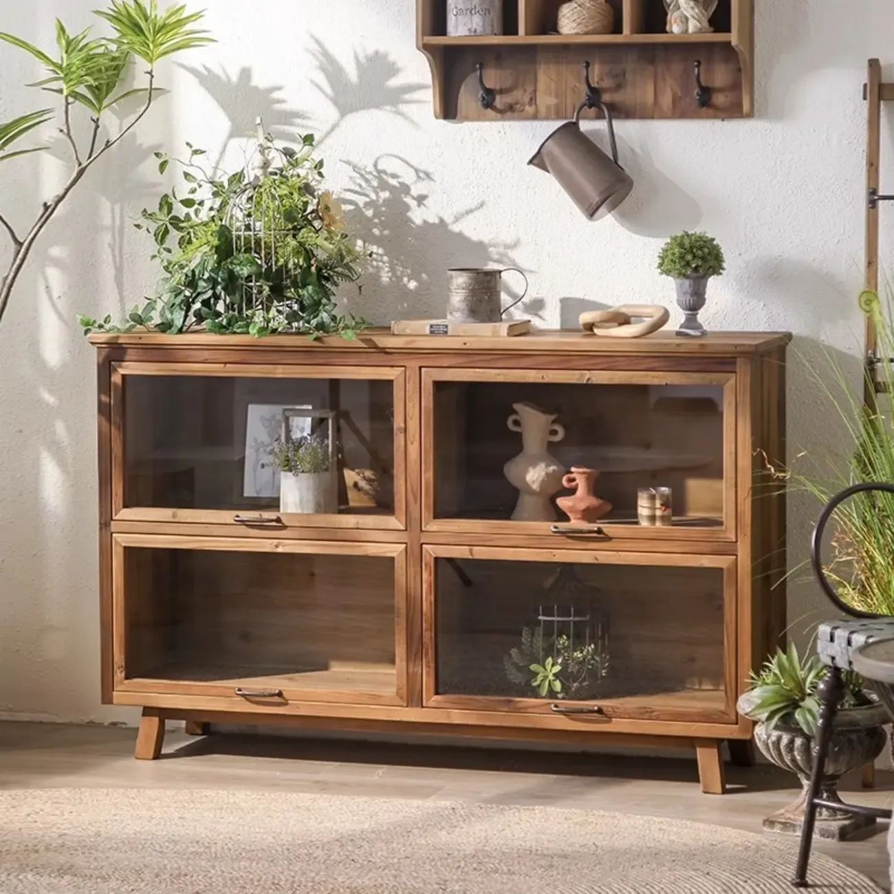 Rustic Brown Minimalist Wooden Ground China Cabinet with Multiple Cabinets and Shelves, Glass Doors Image - 1