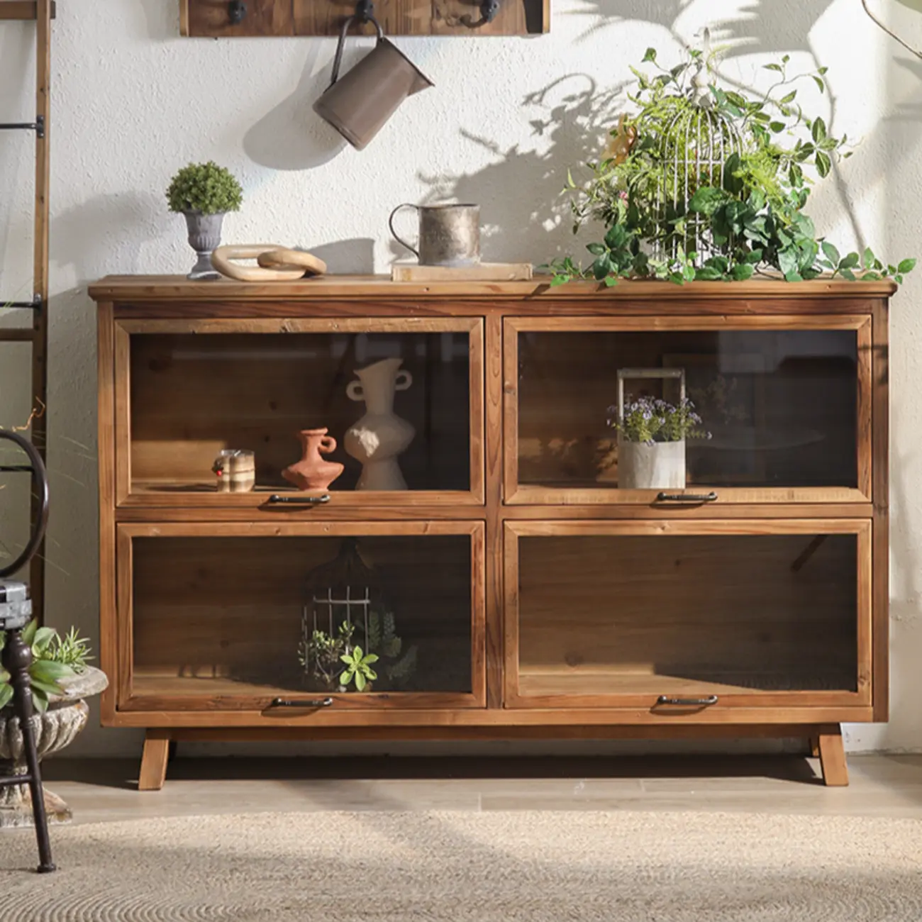 Rustic Brown Minimalist Wooden Ground China Cabinet with Multiple Cabinets and Shelves, Glass Doors Image - 4 | homeyfad