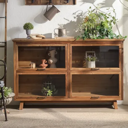 Rustic Brown Minimalist Wooden Ground China Cabinet with Multiple Cabinets and Shelves, Glass Doors Image - 4