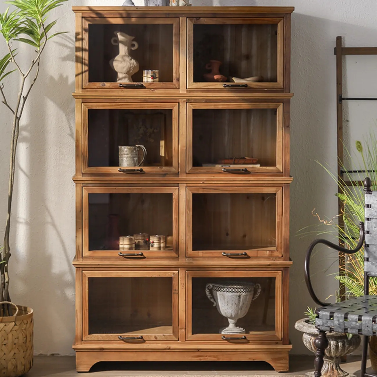Rustic Brown Minimalist Wooden Ground China Cabinet with Multiple Cabinets and Shelves, Glass Doors Image - 6 | homeyfad