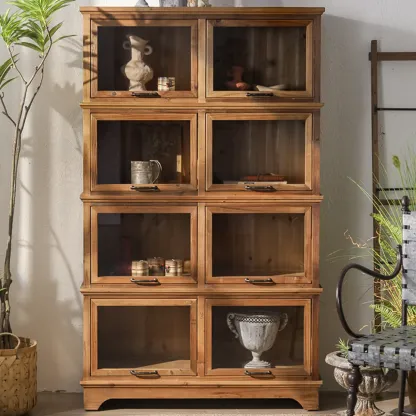 Rustic Brown Minimalist Wooden Ground China Cabinet with Multiple Cabinets and Shelves, Glass Doors Image - 6