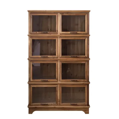 Rustic Brown Minimalist Wooden Ground China Cabinet with Multiple Cabinets and Shelves, Glass Doors Image - 7