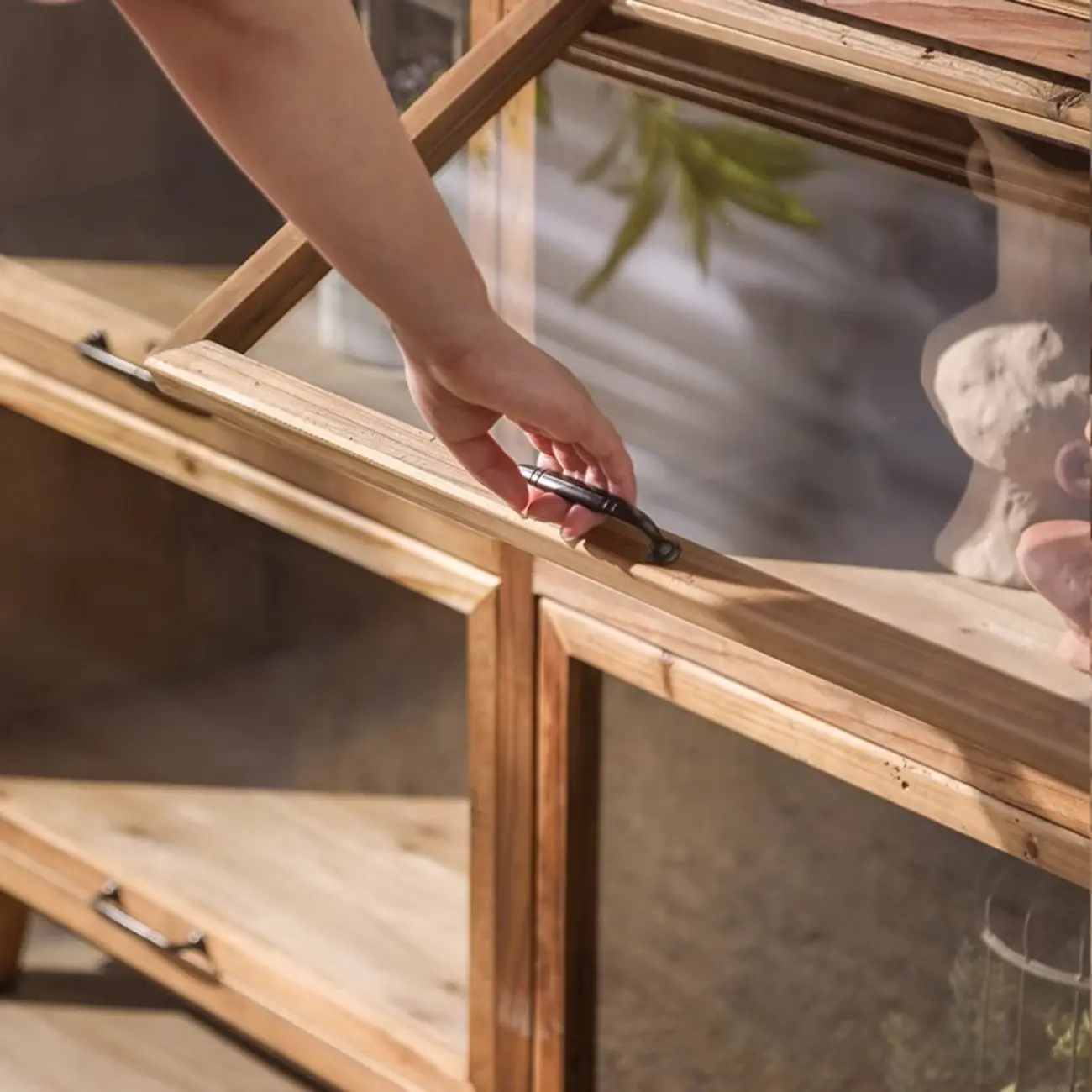 Rustic Brown Minimalist Wooden Ground China Cabinet with Multiple Cabinets and Shelves, Glass Doors Image - 8 | homeyfad