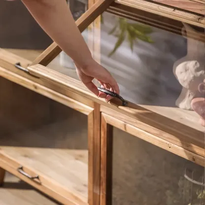 Rustic Brown Minimalist Wooden Ground China Cabinet with Multiple Cabinets and Shelves, Glass Doors Image - 8