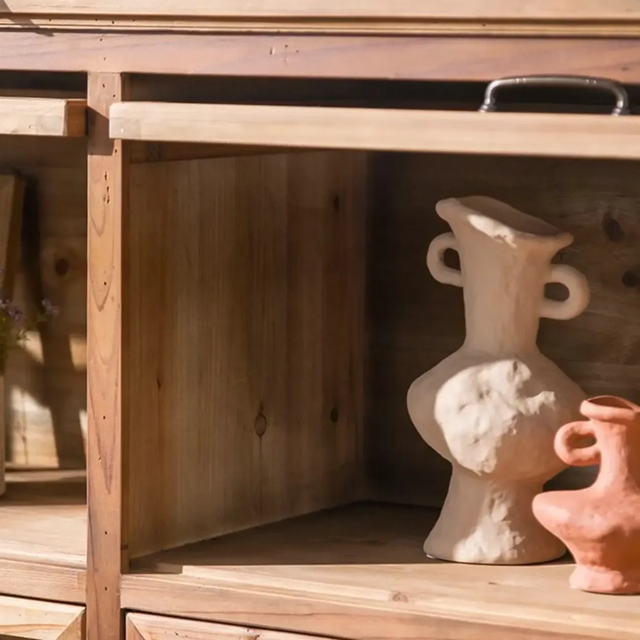 Rustic Brown Minimalist Wooden Ground China Cabinet with Multiple Cabinets and Shelves, Glass Doors Image - 11