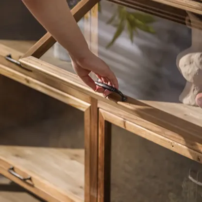 Rustic Brown Minimalist Wooden Ground China Cabinet with Multiple Cabinets and Shelves, Glass Doors Image - 12