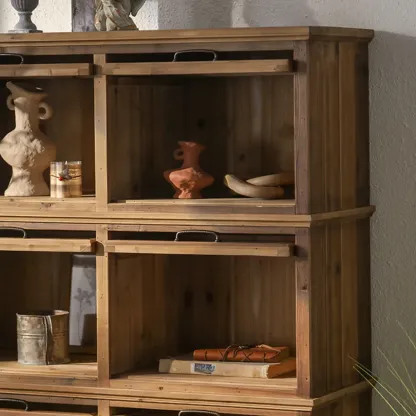 Rustic Brown Minimalist Wooden Ground China Cabinet with Multiple Cabinets and Shelves, Glass Doors Image - 14