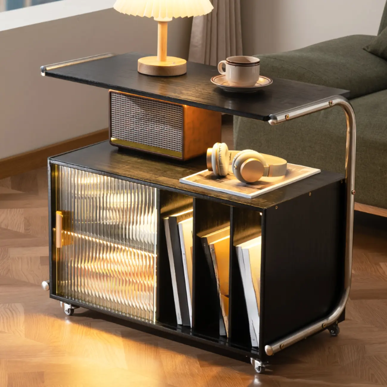 Flexible Wooden Metal Mobile Side Table with Storage Image - 11 | homeyfad