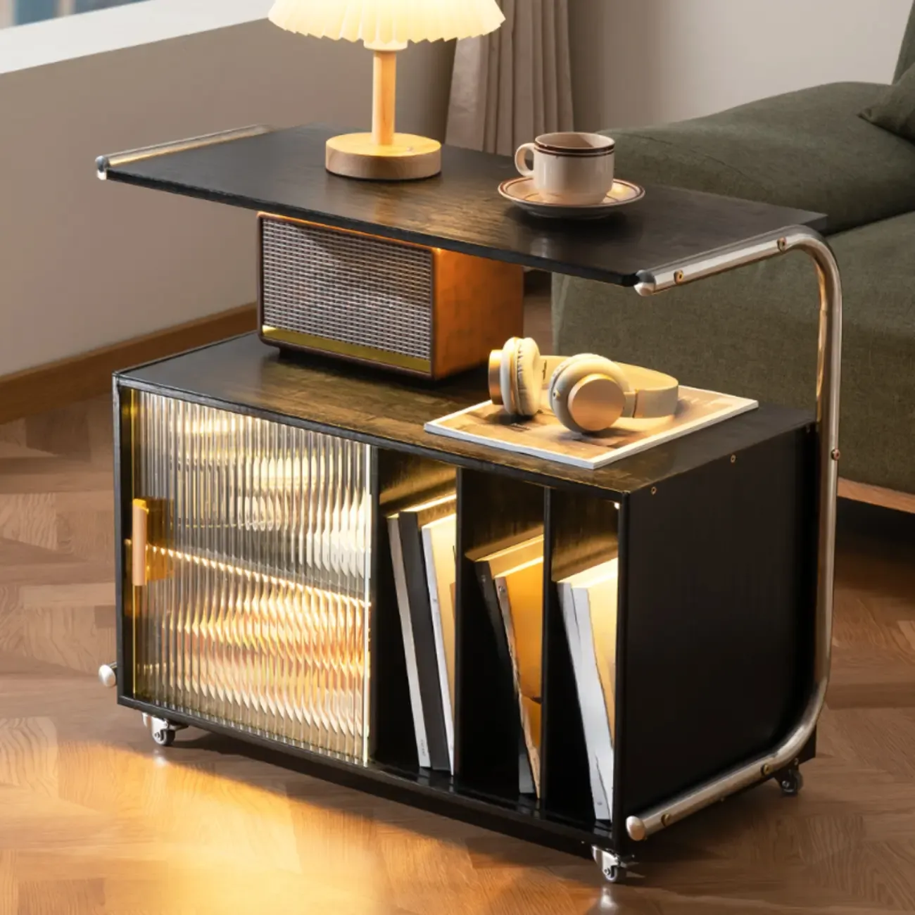 Flexible Wooden Metal Mobile Side Table with Storage Image - 11