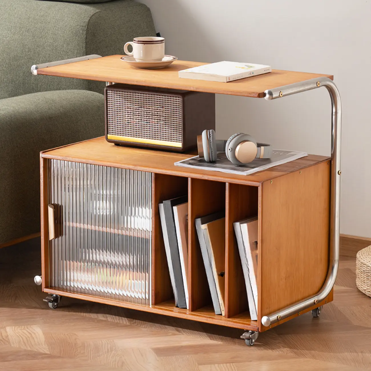 Flexible Wooden Metal Mobile Side Table with Storage Image - 1 | homeyfad