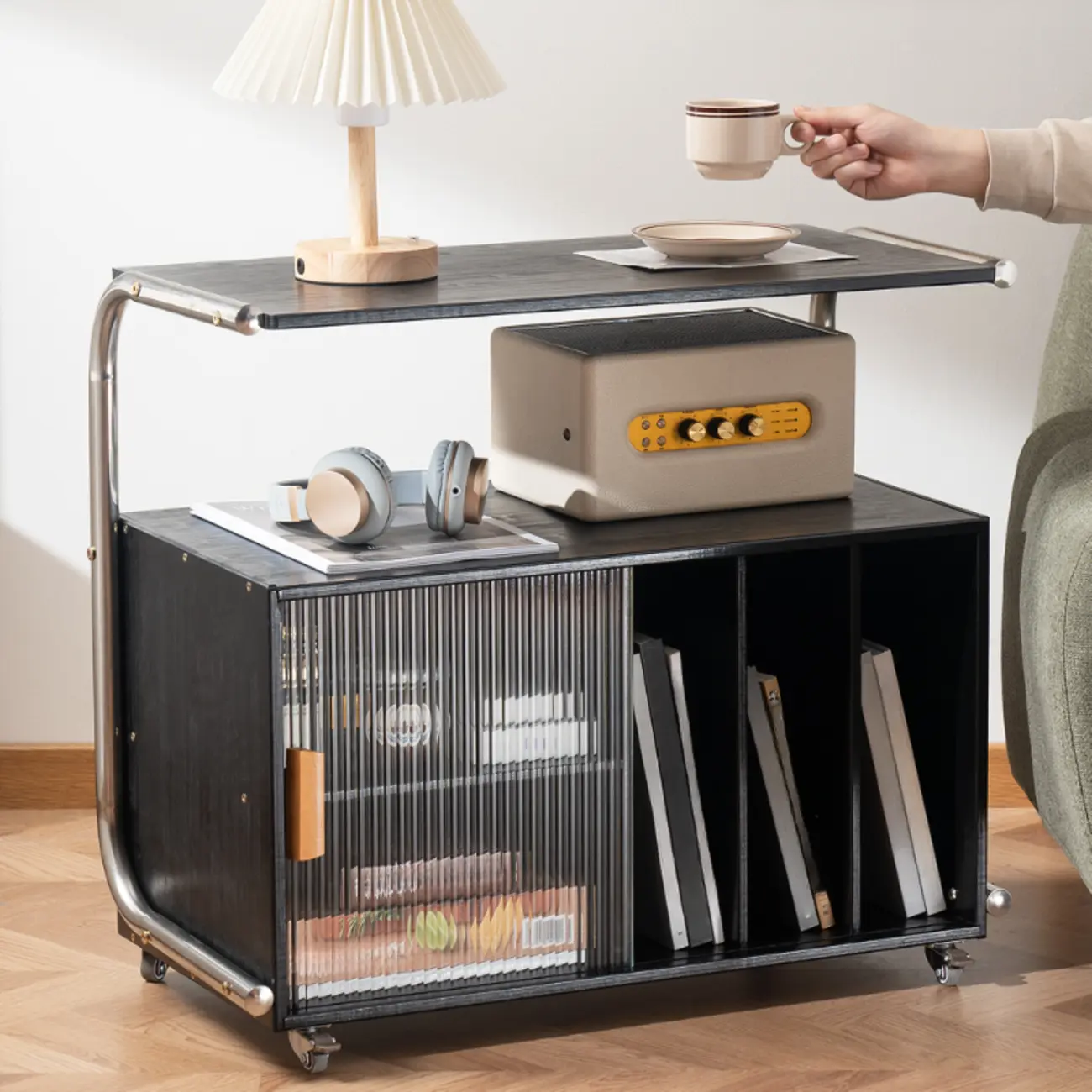 Flexible Wooden Metal Mobile Side Table with Storage Image - 2 | homeyfad