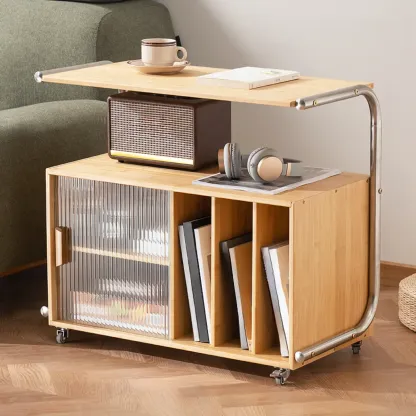 Flexible Wooden Metal Mobile Side Table with Storage Image - 4