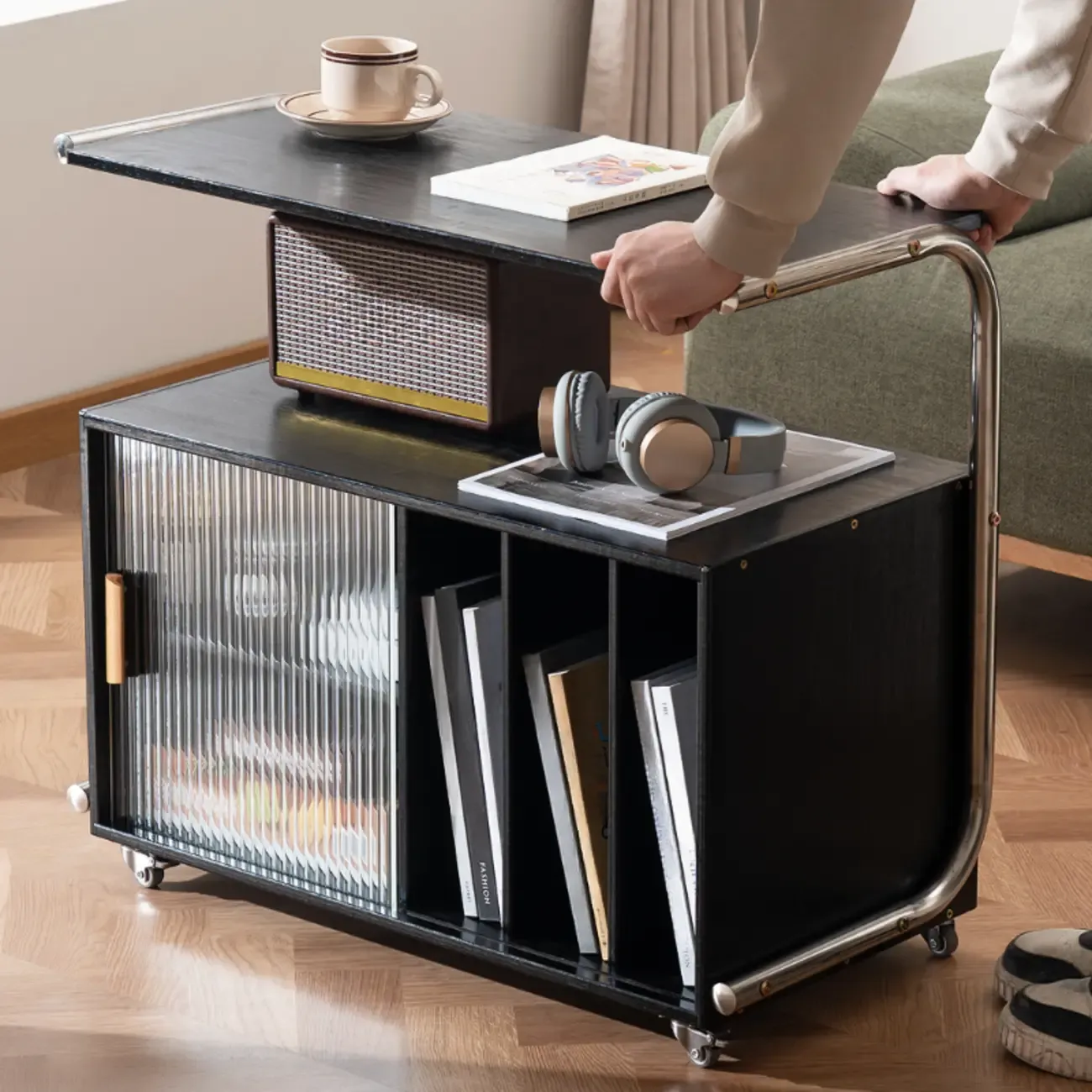 Flexible Wooden Metal Mobile Side Table with Storage Image - 5