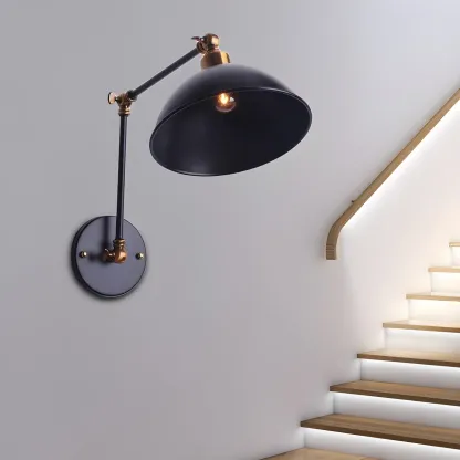 Vintage Black Metal Swing Arm Wall Sconce for Stairway Image - 1