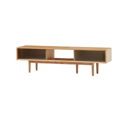 Natural Wood TV Stand with 2 Cabinets Image - 7