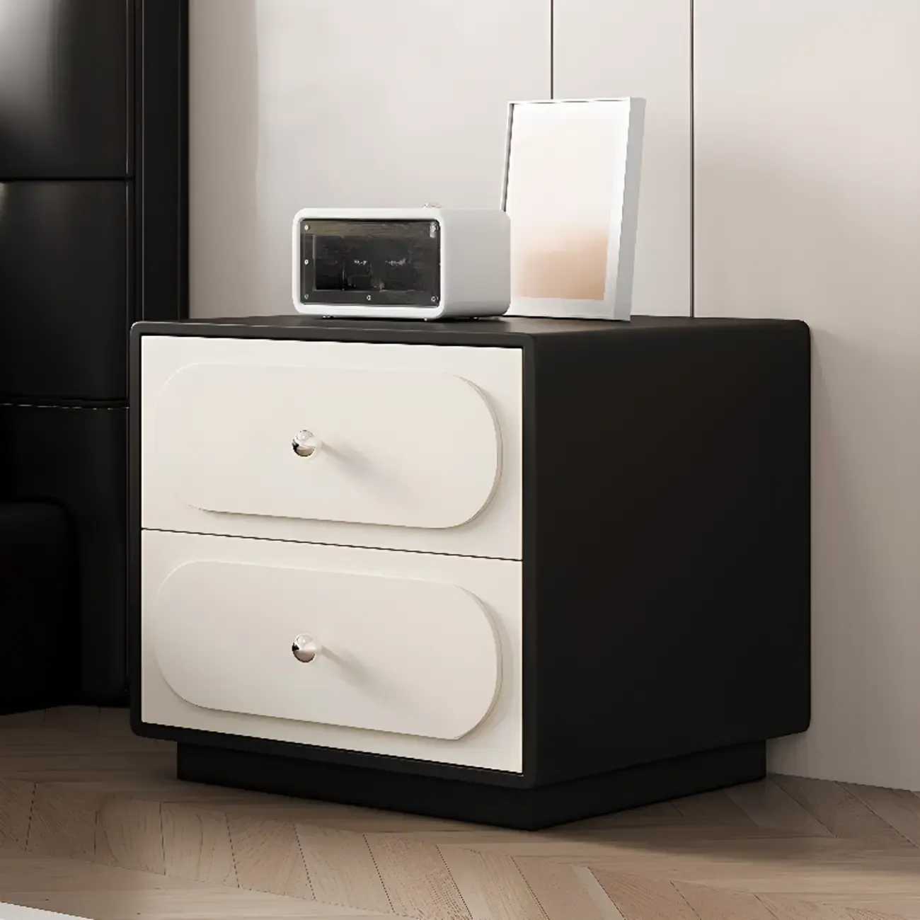 Modern Leather Top Wooden 2 Drawer Nightstand Image - 1