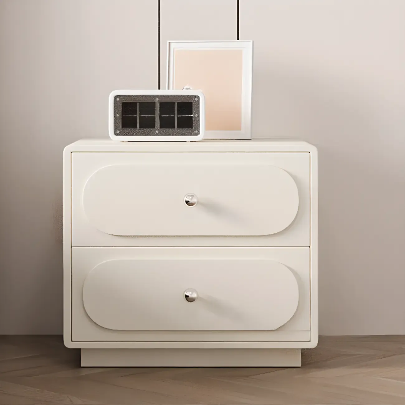 Modern Leather Top Wooden 2 Drawer Nightstand Image - 2