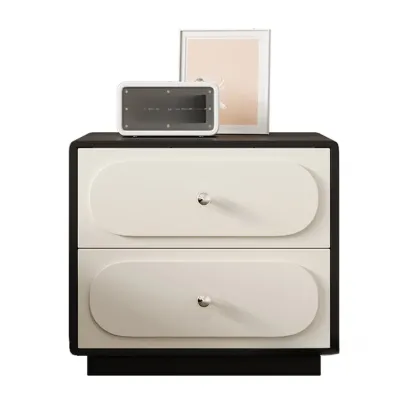 Modern Leather Top Wooden 2 Drawer Nightstand Image - 7