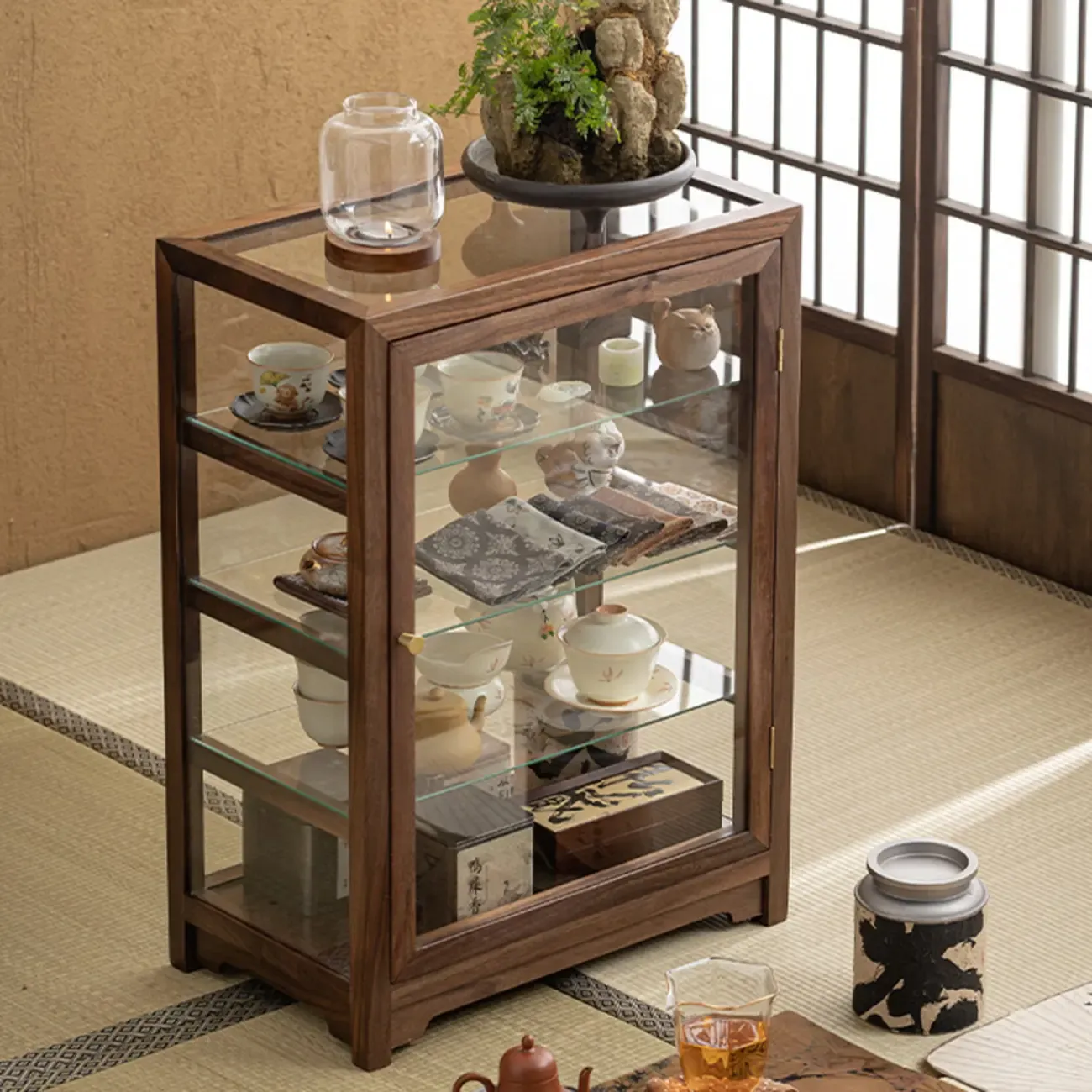 Wooden Tabletop Display Cabinet Glass Doors Image - 1
