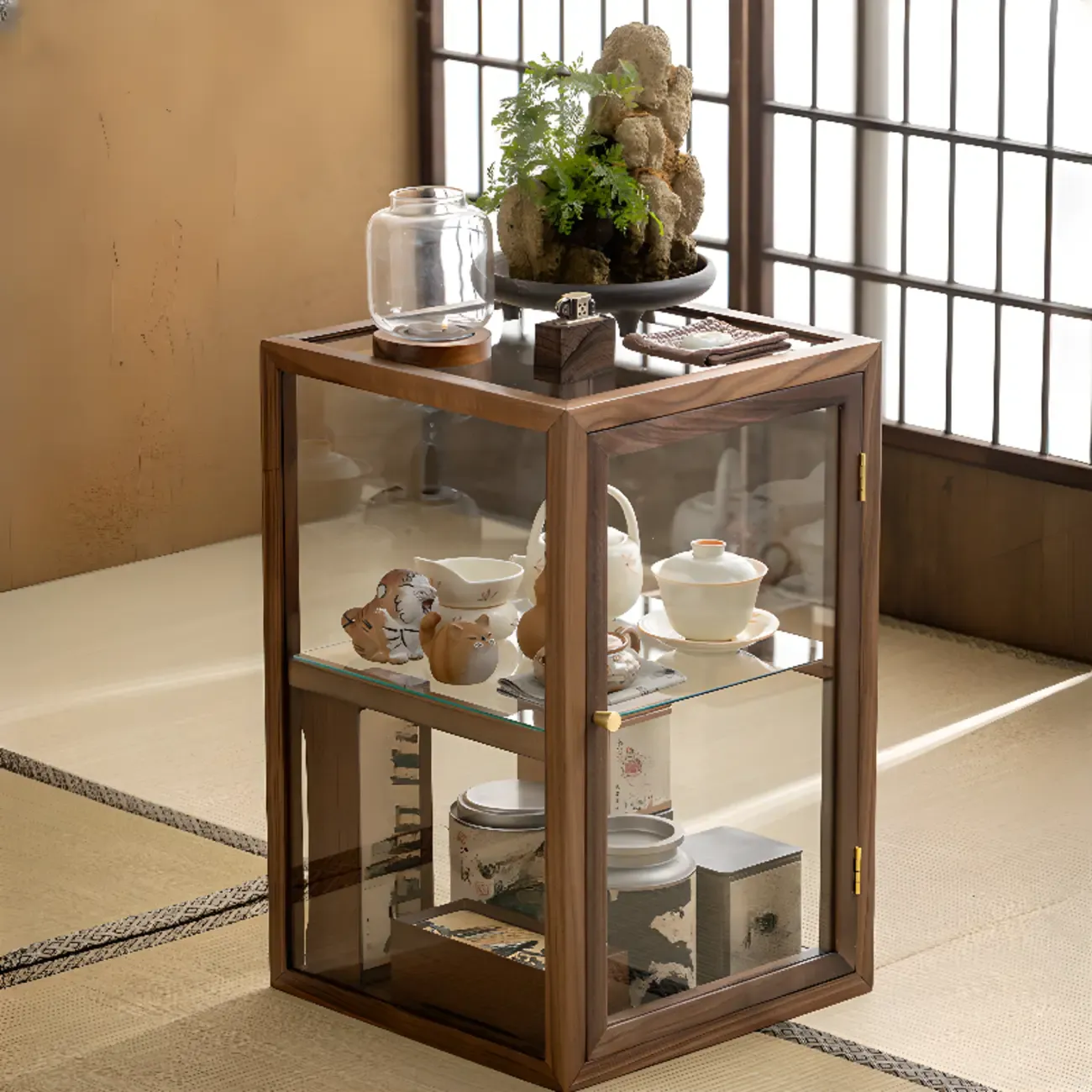 Modern Brown Wood Curio Cabinet with Glass Shelves Image - 1