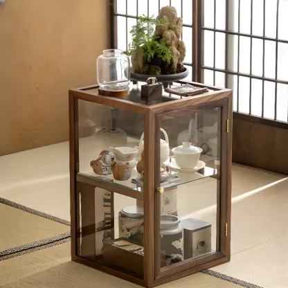 Modern Brown Wood Curio Cabinet with Glass Shelves Image - 1