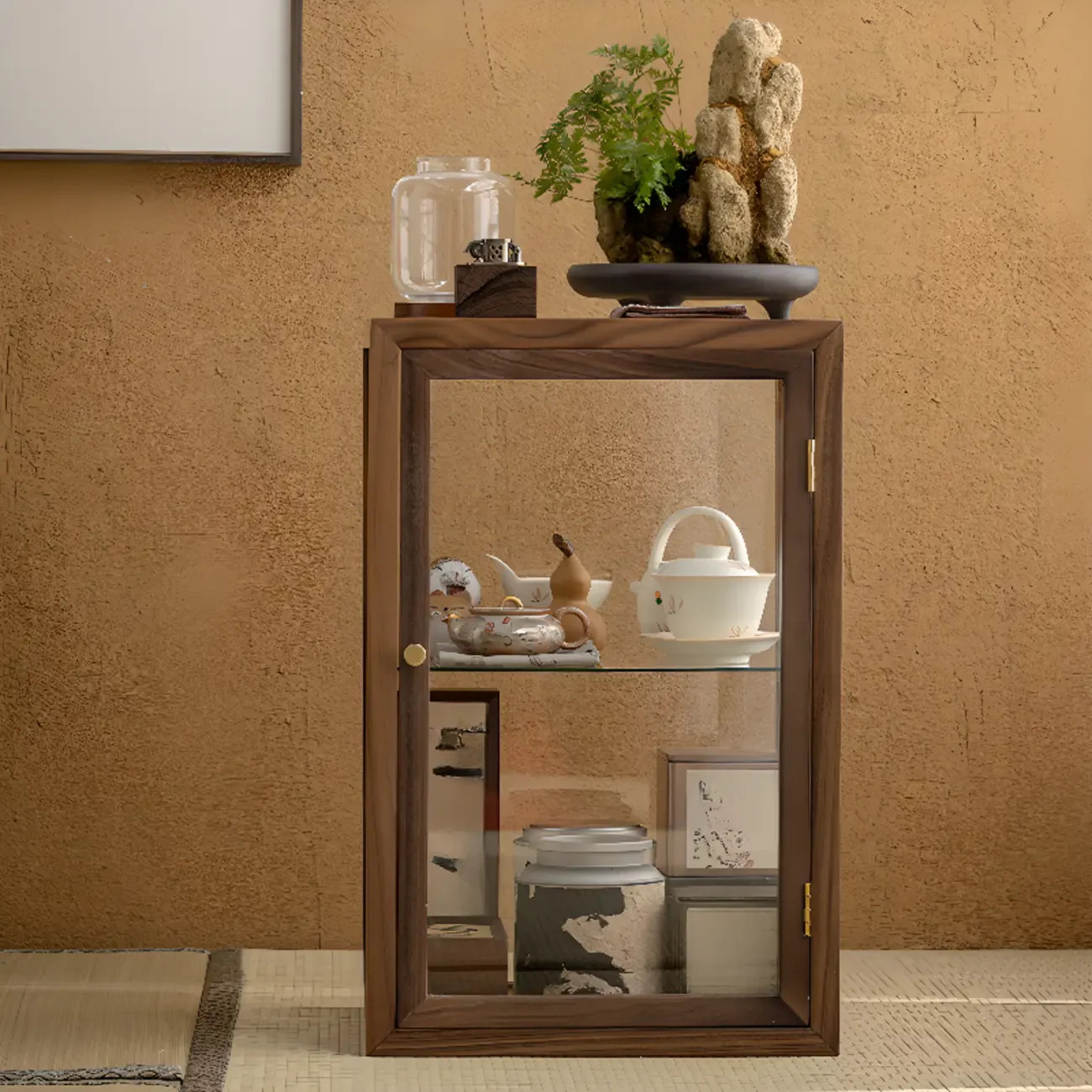 Modern Brown Wood Curio Cabinet with Glass Shelves Image - 3