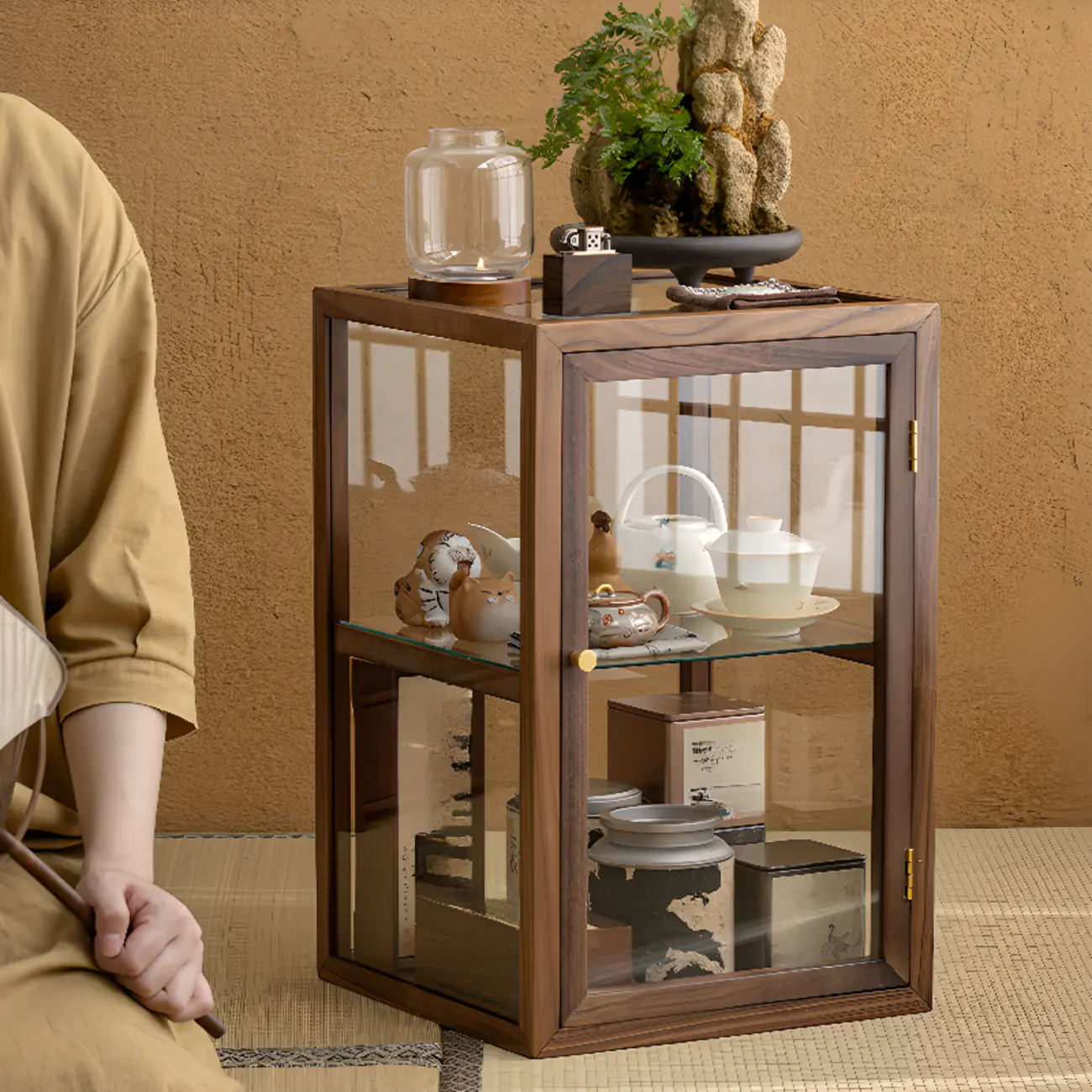 Modern Brown Wood Curio Cabinet with Glass Shelves Image - 4 | homeyfad