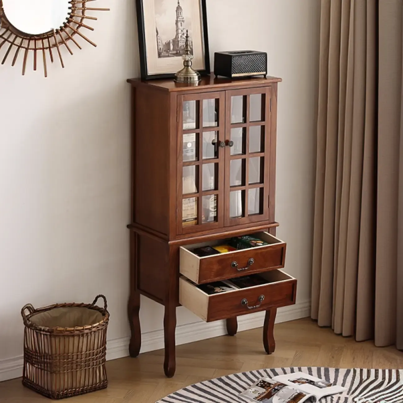 Brown Wooden China Cabinet with Glass Doors Image - 1