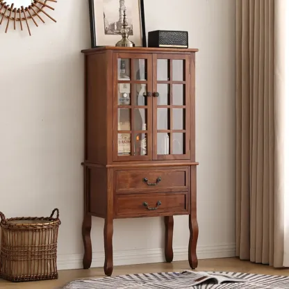 Brown Wooden China Cabinet with Glass Doors Image - 2