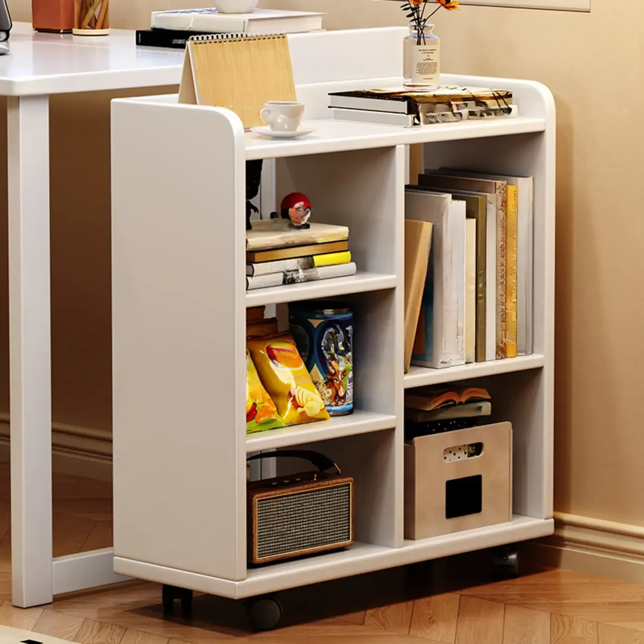 Short Wooden 5-Shelf Closed Back Mobile Bookcase Image - 2