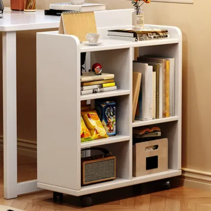 Short Wooden 5-Shelf Closed Back Mobile Bookcase Image - 2