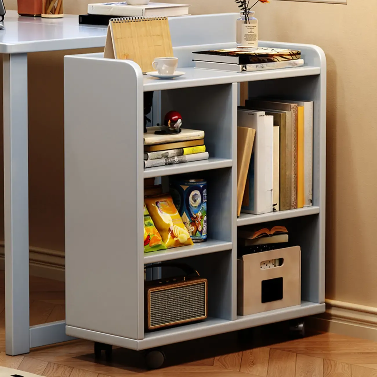 Short Wooden 5-Shelf Closed Back Mobile Bookcase Image - 3