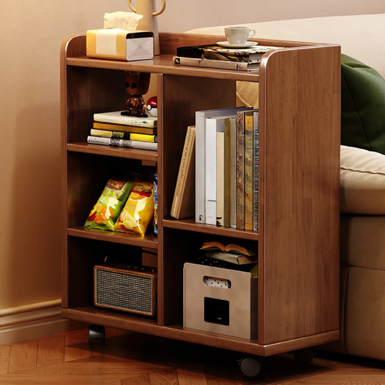Short Wooden 5-Shelf Closed Back Mobile Bookcase Image - 4 | homeyfad
