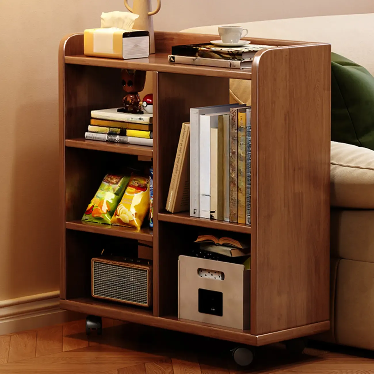 Short Wooden 5-Shelf Closed Back Mobile Bookcase Image - 4