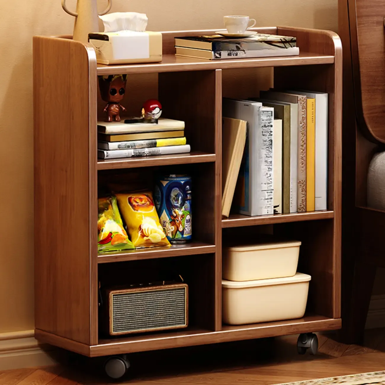 Short Wooden 5-Shelf Closed Back Mobile Bookcase Image - 5