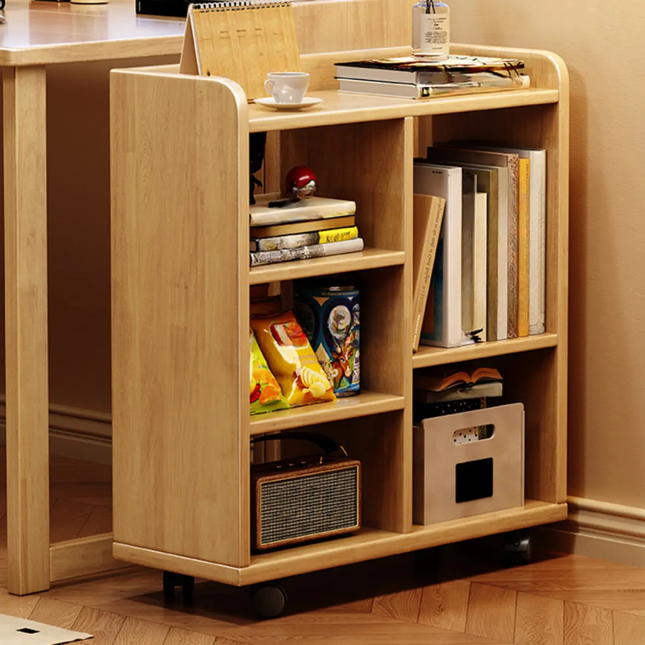 Short Wooden 5-Shelf Closed Back Mobile Bookcase Image - 6 | homeyfad