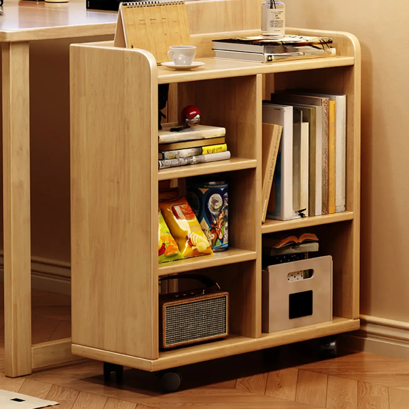 Short Wooden 5-Shelf Closed Back Mobile Bookcase Image - 6