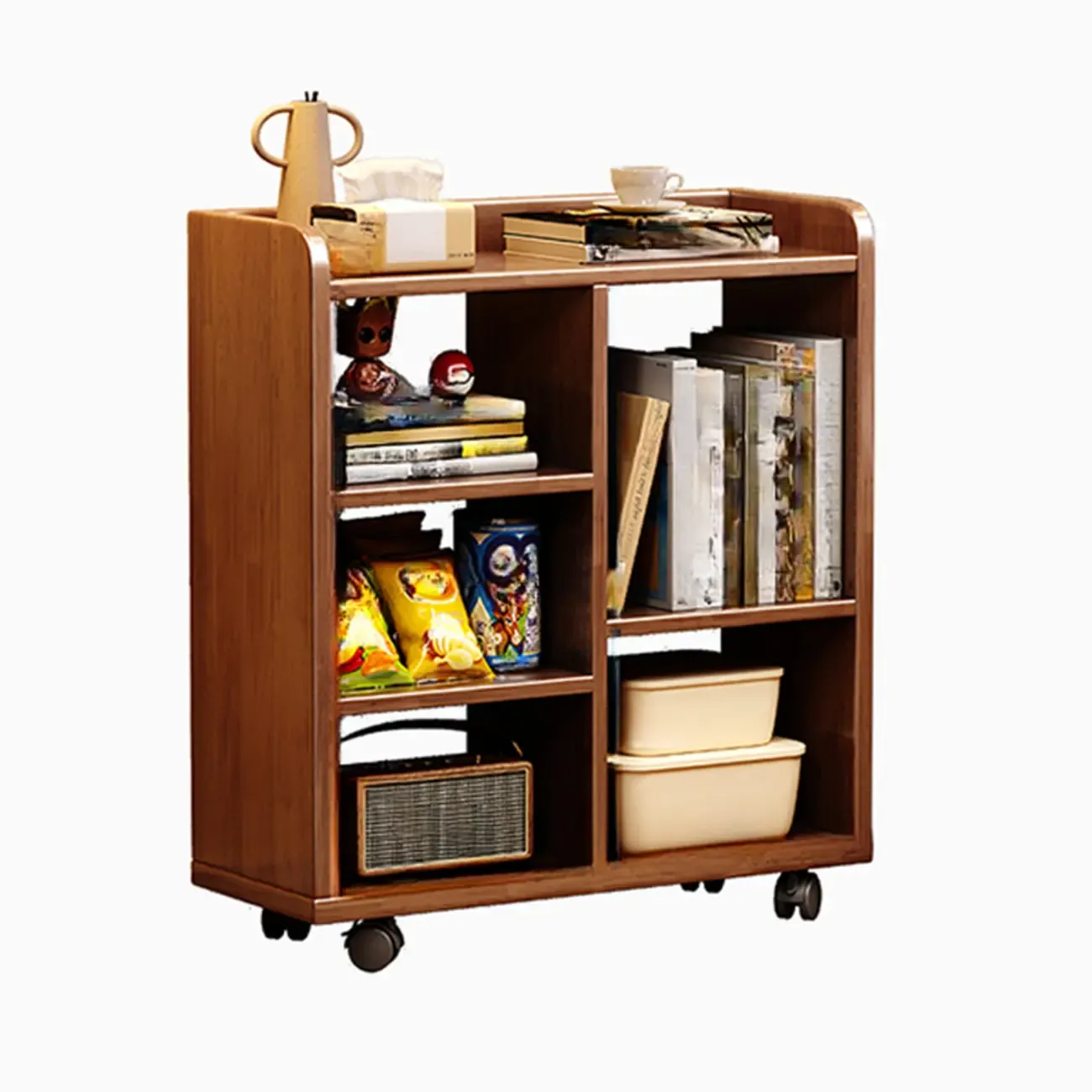 Short Wooden 5-Shelf Closed Back Mobile Bookcase Image - 13