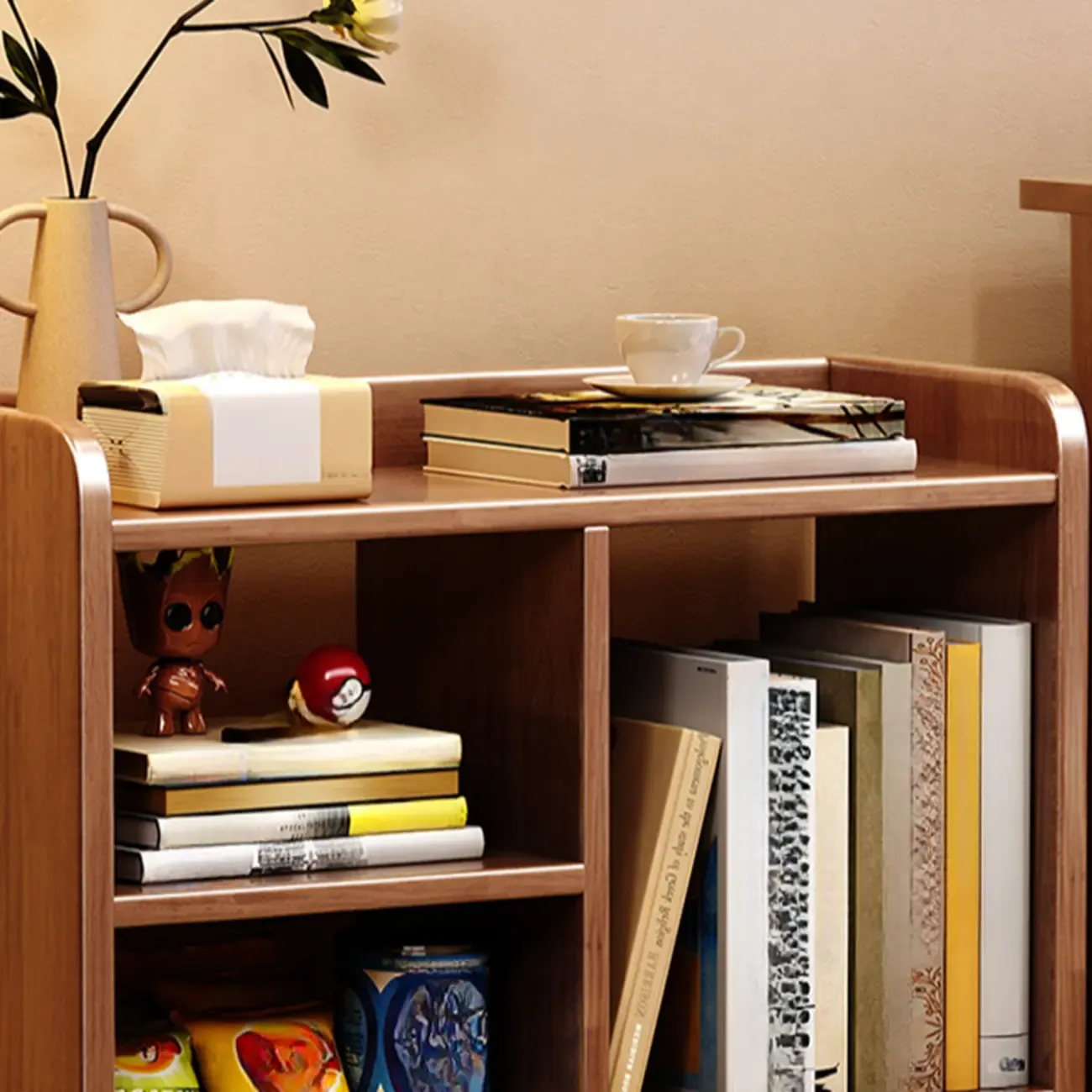 Short Wooden 5-Shelf Closed Back Mobile Bookcase Image - 8