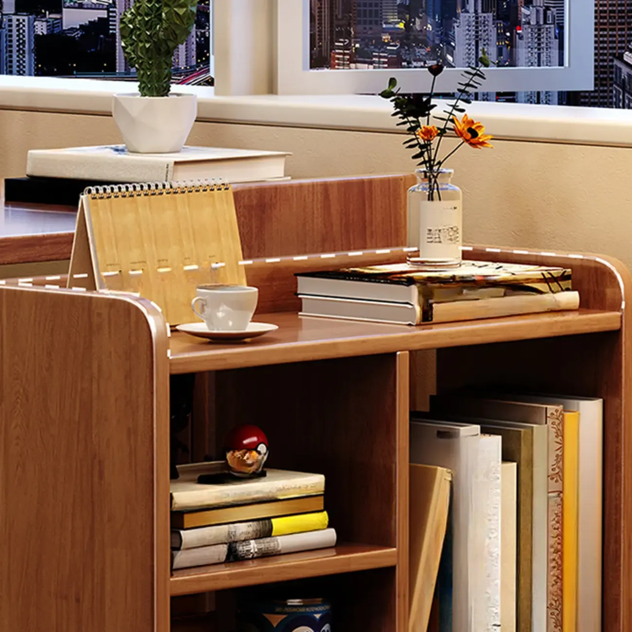 Short Wooden 5-Shelf Closed Back Mobile Bookcase Image - 10