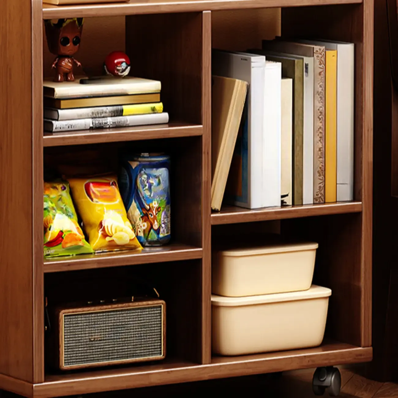 Short Wooden 5-Shelf Closed Back Mobile Bookcase Image - 11