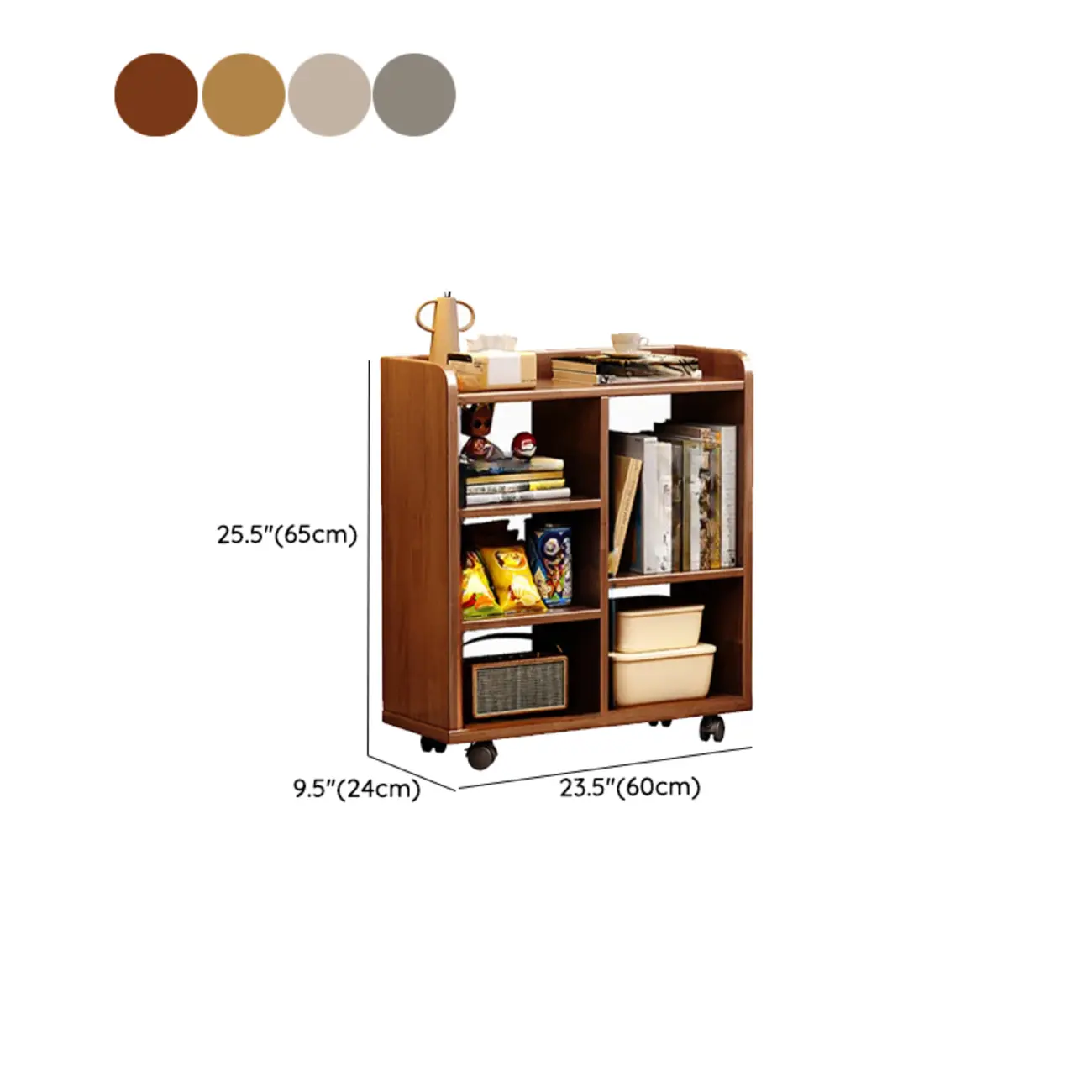 Short Wooden 5-Shelf Closed Back Mobile Bookcase #size
