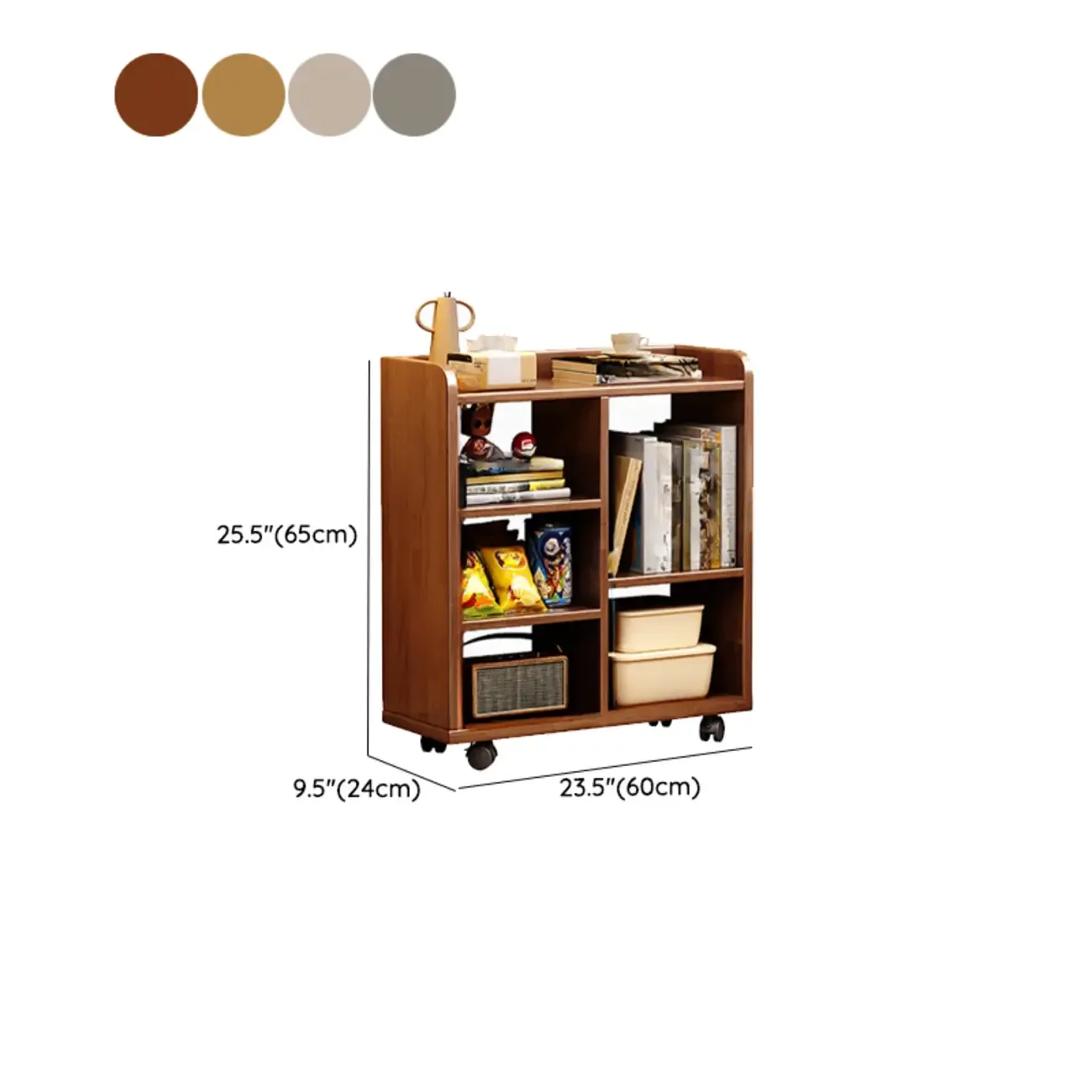 Short Wooden 5-Shelf Closed Back Mobile Bookcase #size