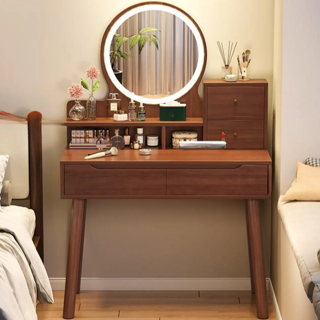 Nut-Brown MDF Wood Drawer Makeup Vanity Set with Light Image - 1 | homeyfad